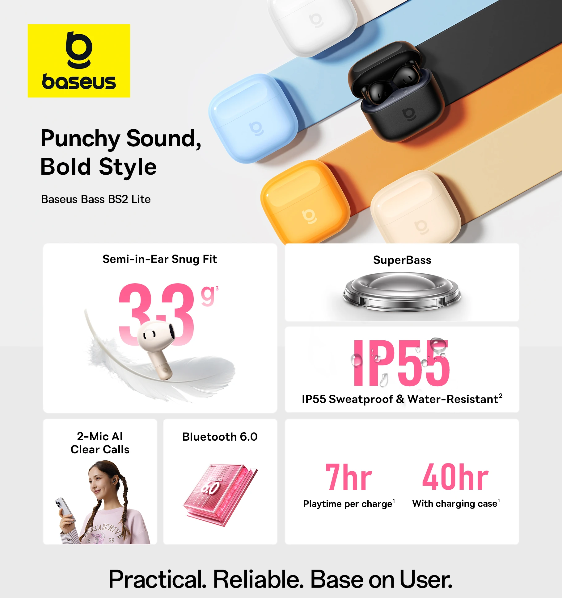 Baseus Bass BS2 Lite True Wireless Earbuds Cosmic Orange SuperBass ENC Call Clarity A0010A09 — ছবি ২