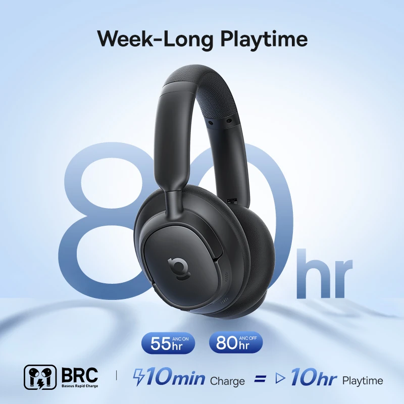 Baseus Headphone BH1 80Hrs Long battery Life ANC Crystal Clear Sound Black
