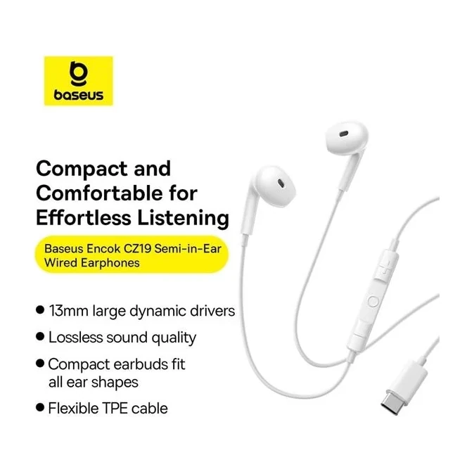 Baseus CZ19 Wired Earphone Type-c For Iphone Samsung Google Pixel One Plus Moon White A00182201213-00