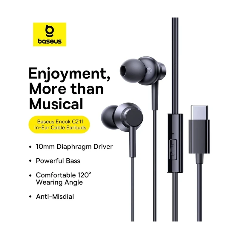 Baseus Earphone CZ11 Type-c Earphone For Iphone 15 16 Series Samsung google Pixel With Mic Black