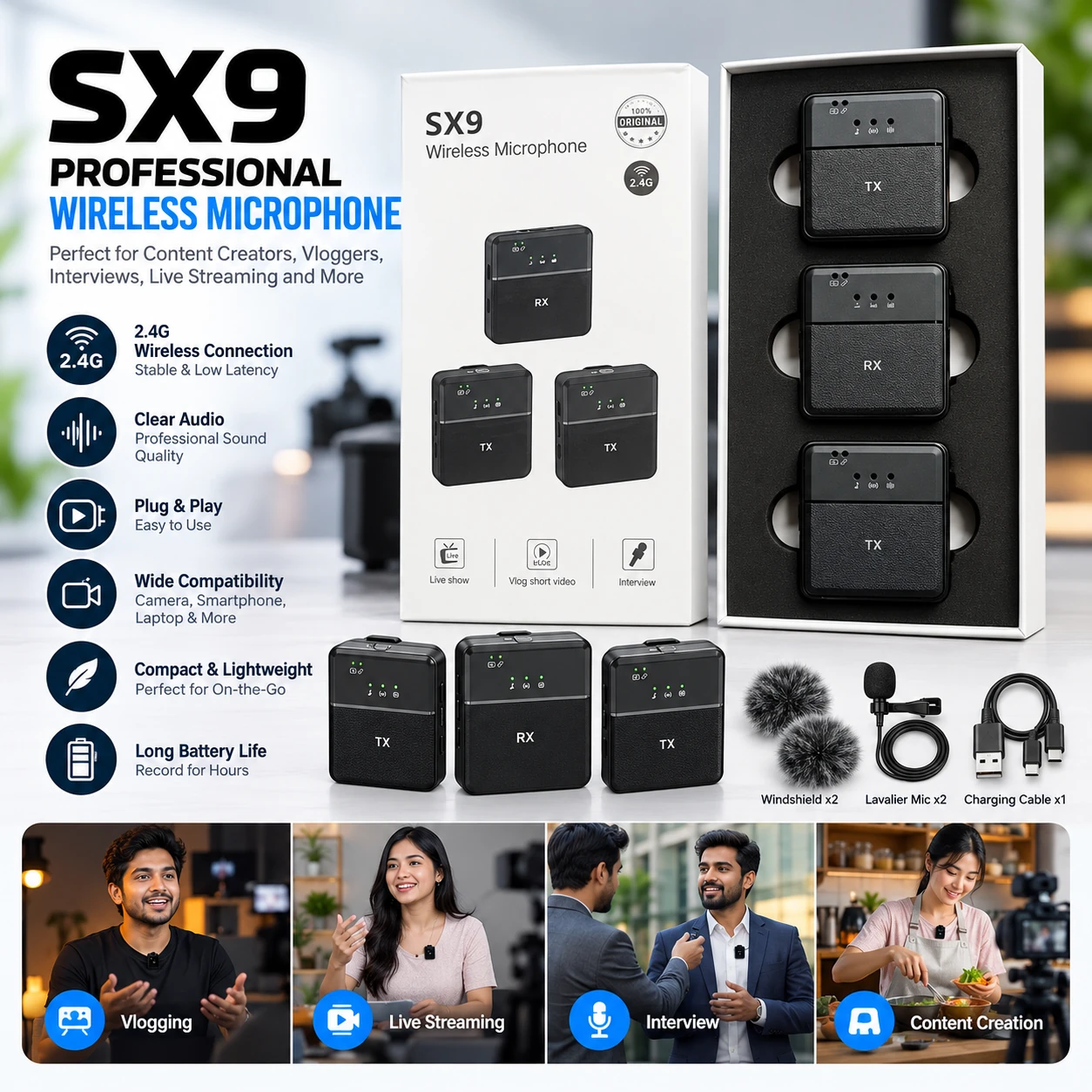 SX9 Dual Mini Wireless Microphone For Type C & 3.5 Interface (1:2) — NOODATA — Earbuds (Black)