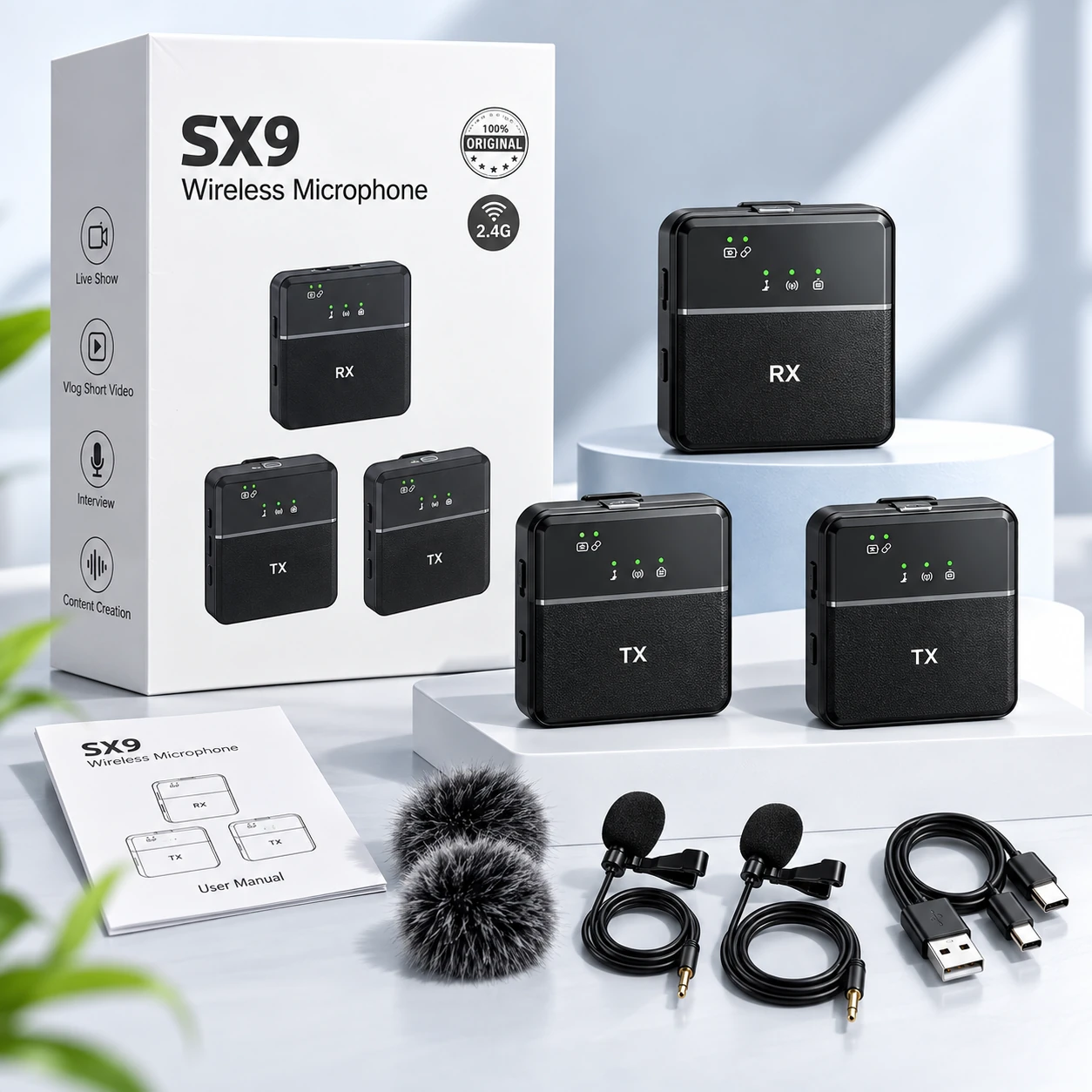 SX9 Dual Mini Wireless Microphone For Type C & 3.5 Interface (1:2)