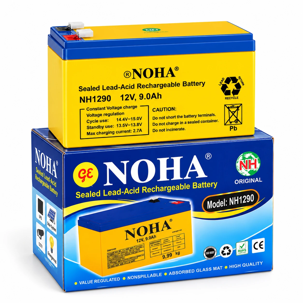 NOHA NH1290 12V 9.0Ah Sealed Lead-Acid Rechargeable Battery — Mini solar (Yellow)